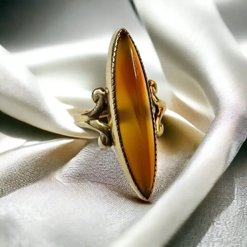 Antique 10k Gold Banded Agate Ring Sz 4.25 c1900 Victorian Navette Ring 2.7g